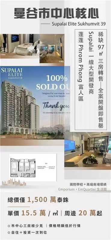 泰国曼谷鹏蓬富人区Supalai Elite Sukhumvit 39三卧室公寓，总价1500万泰铢