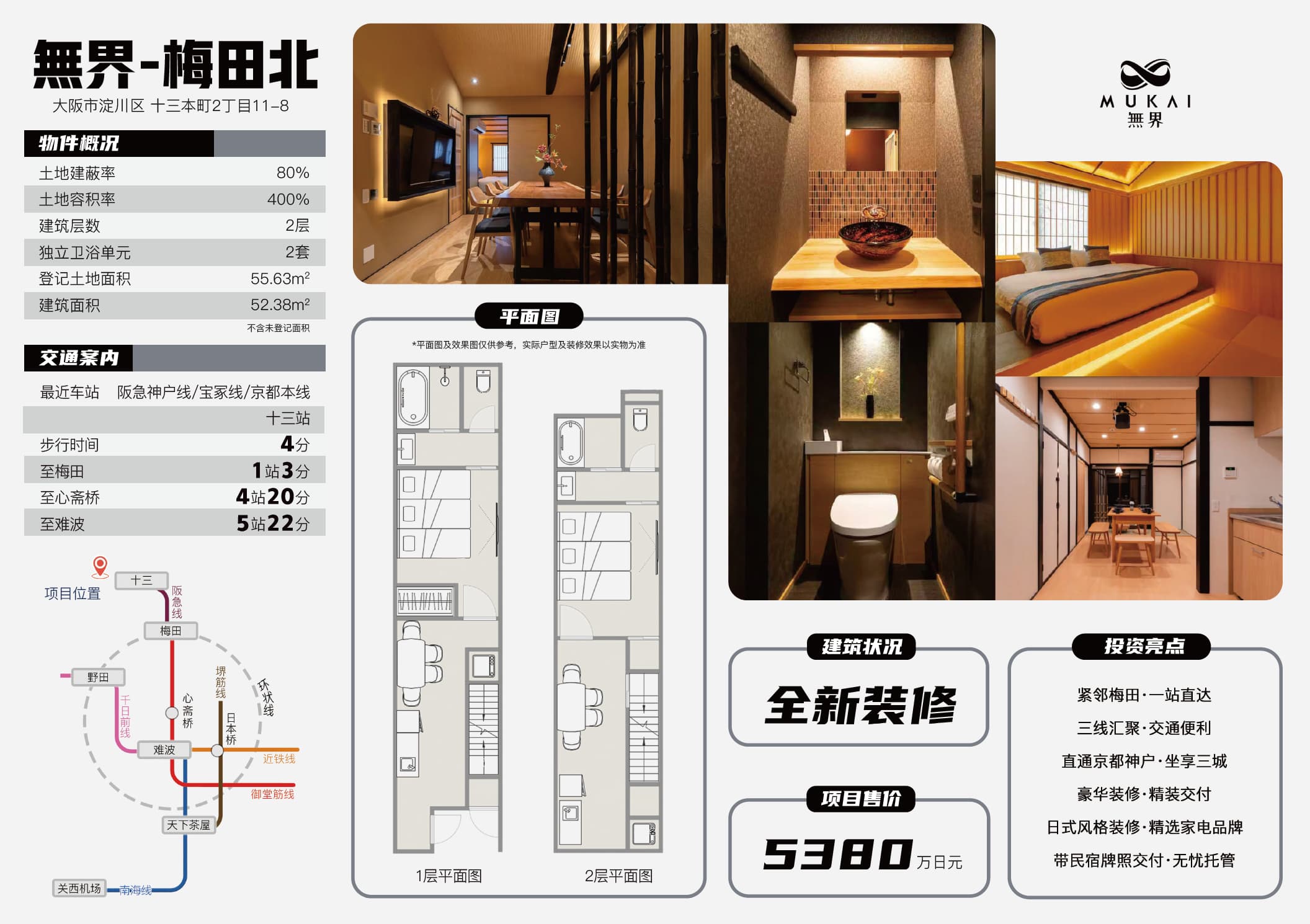 Osaka Yodogawa Ward, Japan, Boundless Umeda Kita Guest House 2-Bedroom 2-Bathroom Apartment 53,800,000 Yen