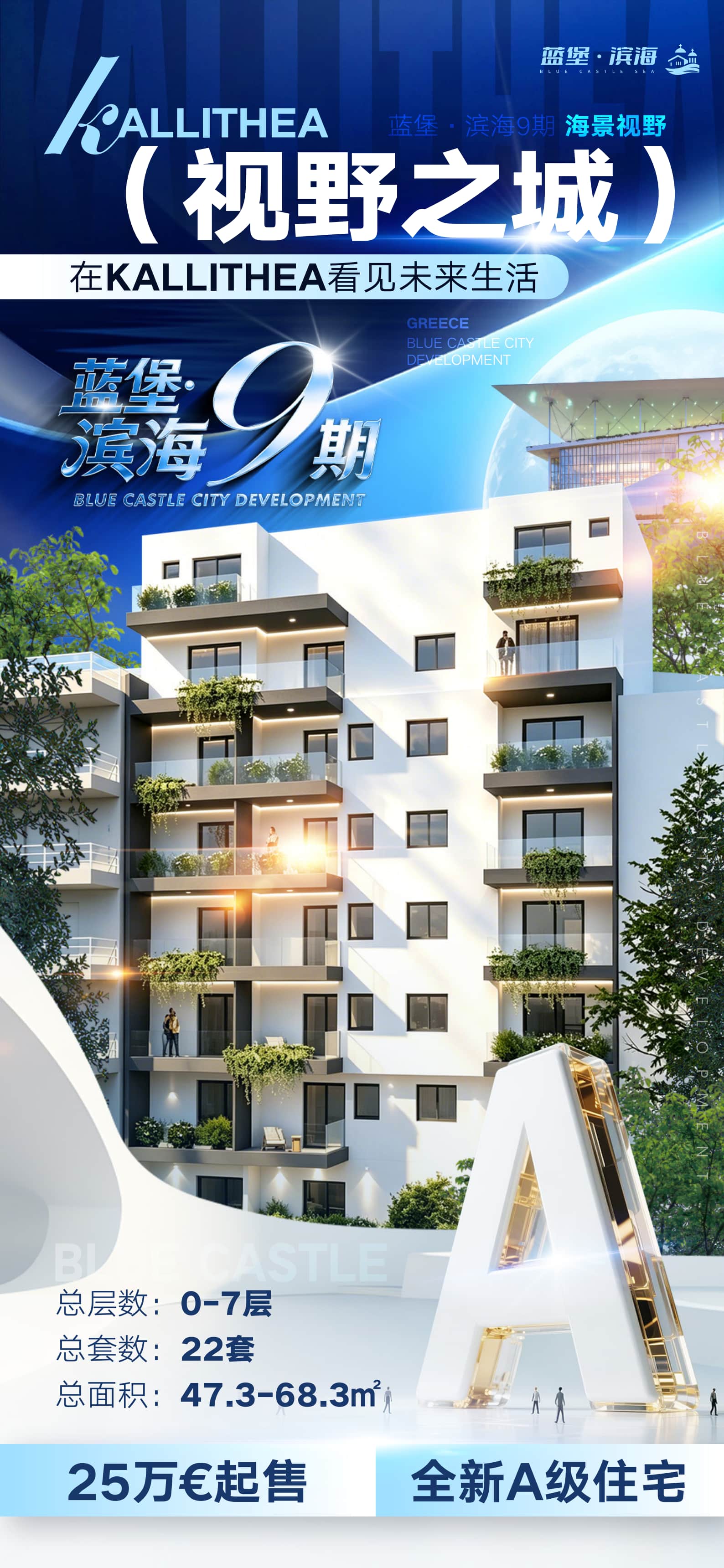 希腊雅典Kallithea蓝堡滨海9期｜1卧公寓｜€25万起包租6年